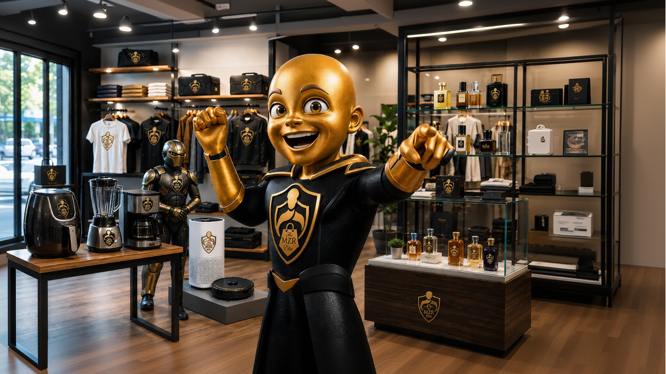 A large metallic gold and black mascot statue stands prominently in a retail store interior, surrounded by branded apparel, bottles, and display cases. The statue has a glossy finish and is the main focal point of the scene.